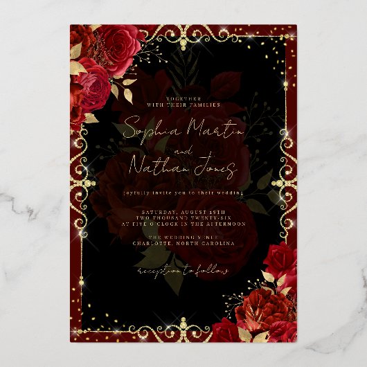 赤エレガント王室の金ゴールド結婚バラ 箔招待状 (正面)
