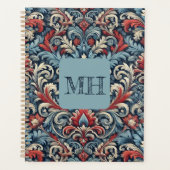 赤エレガント白と青のダマスクとモノグラム プランナー手帳 (正面)
