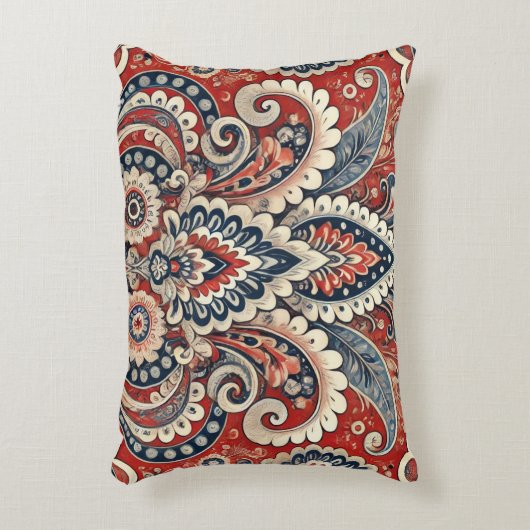 赤エレガント白と青のペイズリーフローラルパターン アクセントクッション (正面(垂直))