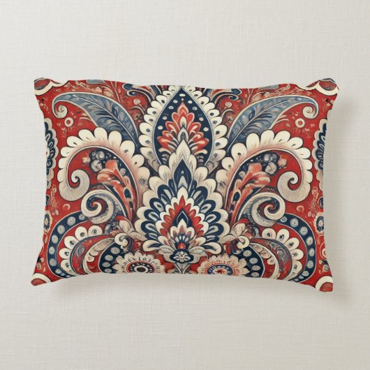 赤エレガント白と青のペイズリーフローラルパターン アクセントクッション (裏面)