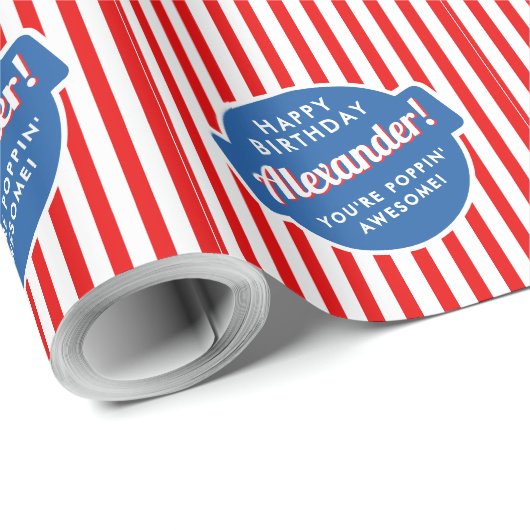 赤エレガント白と青のポップコーンのパタストライプのーン ラッピングペーパー (ロールコーナー)