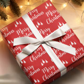 赤エレガント白の木柄メリークリスマス ラッピングペーパー