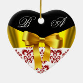 赤エレガント白ダマスクリボン写真テンプレート セラミックオーナメント (裏面)