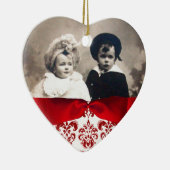 赤エレガント白ダマスクリボン写真テンプレート セラミックオーナメント (右)