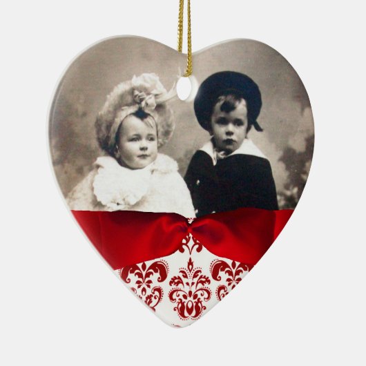 赤エレガント白ダマスクリボン写真テンプレート セラミックオーナメント (右)