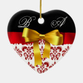 赤エレガント白ダマスクリボン写真テンプレート セラミックオーナメント (裏面)