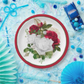 赤エレガント白バラブーケ ペーパープレート (パーティー)