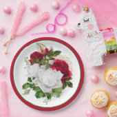 赤エレガント白バラブーケ ペーパープレート (パーティー)