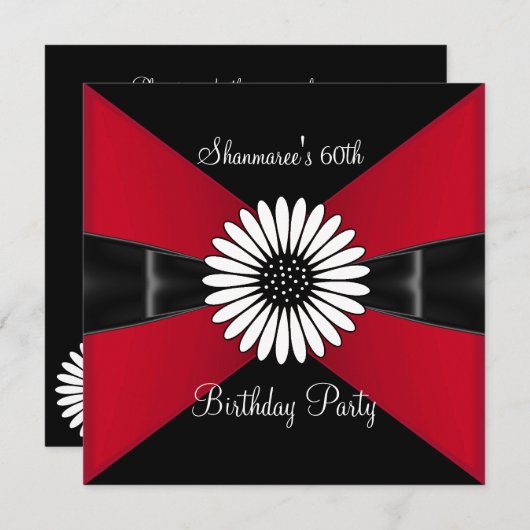 赤エレガント白フラワーブラック60th誕生日パーティー 招待状 (正面/裏面)