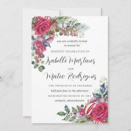 赤エレガント白フローラクリスマス結婚の招待 招待状 (正面)