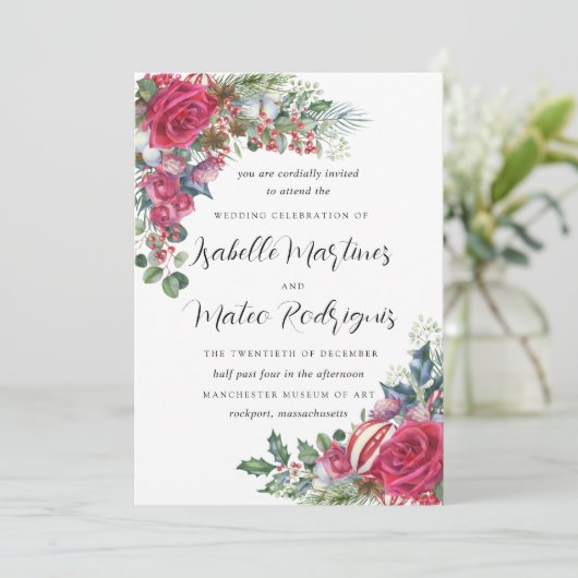 赤エレガント白フローラクリスマス結婚の招待 招待状 (スタンド正面)