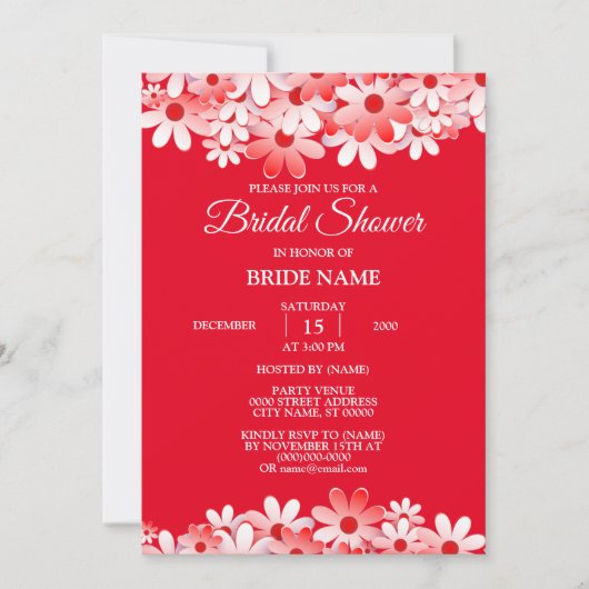 赤エレガント白フローラブライダルシャワーパーティー 招待状 (正面)