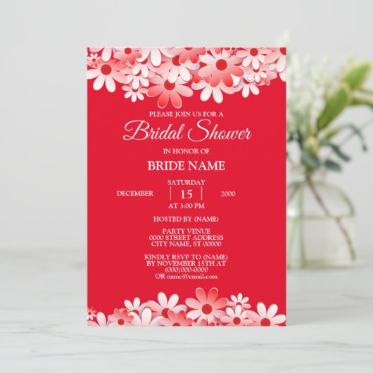 赤エレガント白フローラブライダルシャワーパーティー 招待状 (スタンド正面)