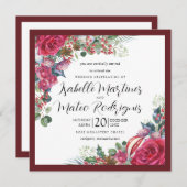 赤エレガント白フローラ結婚スクエア 招待状 (正面/裏面)