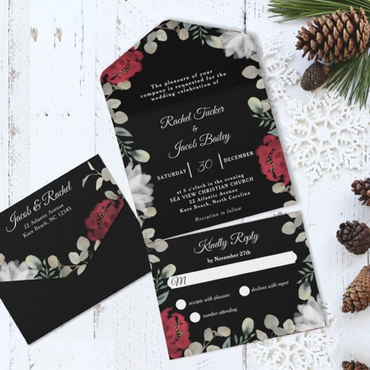 赤エレガント白フローラ結婚緑 オールインワン招待状