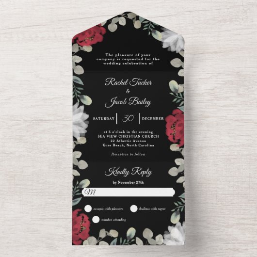 赤エレガント白フローラ結婚緑 オールインワン招待状 (内側)