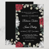 赤エレガント白フローラ緑の結婚式の招待 (正面/裏面)