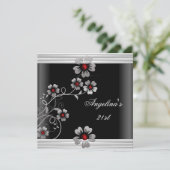 赤エレガント白ブラック21歳の誕生日の花 招待状 (スタンド正面)