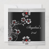 赤エレガント白ブラック21歳の誕生日の花 招待状 (正面)