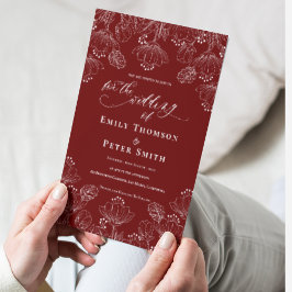 赤エレガント白ミニマル線フローラ結婚 招待状