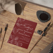 赤エレガント白ミニマル線フローラ結婚 招待状