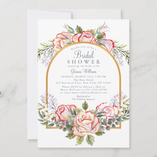赤エレガント白ローズフローラブライダルシャワー 招待状 (正面)
