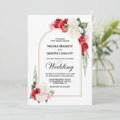 赤エレガント白ローズフローラ結婚アーチ 招待状 (スタンド正面)