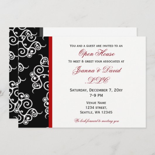 赤エレガント白黒企業のパーティの招待状 招待状 (正面/裏面)