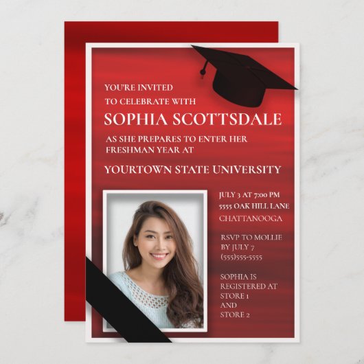 赤エレガント白黒大学トランクパーティー写真 招待状 (正面/裏面)