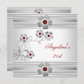 赤エレガント白21歳の誕生日パーティー 招待状 (正面/裏面)