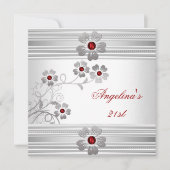 赤エレガント白21歳の誕生日パーティー 招待状 (正面)