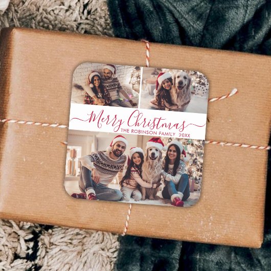 赤エレガント白3フォトコラージクリスマス スクエアシール