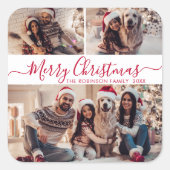 赤エレガント白3フォトコラージクリスマス スクエアシール (正面)