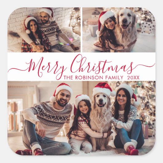 赤エレガント白3フォトコラージクリスマス スクエアシール (正面)