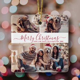 赤エレガント白3フォトコラージクリスマス セラミックオーナメント