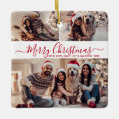 赤エレガント白3フォトコラージクリスマス セラミックオーナメント (正面)