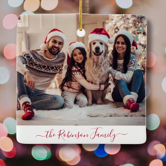 赤エレガント白5フォトコラージクリスマス セラミックオーナメント