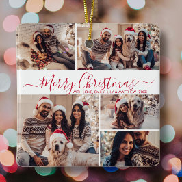 赤エレガント白5フォトコラージクリスマス セラミックオーナメント