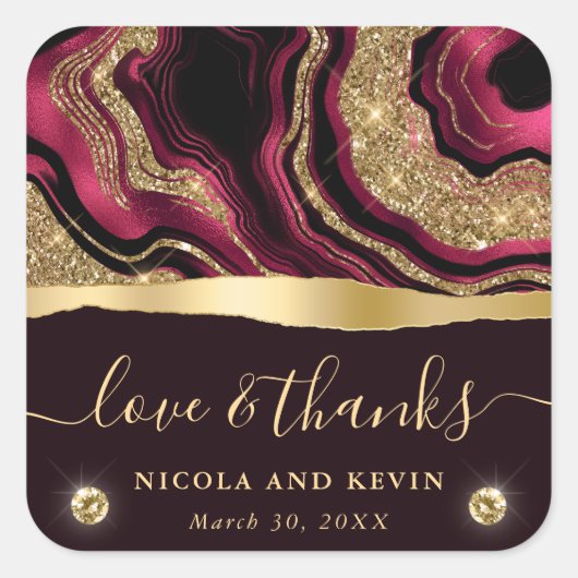 赤エレガント箔及び金ゴールドグリッターアゲート結婚ト スクエアシール (正面)
