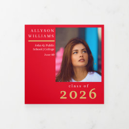 赤エレガント級写真卒業 三つ折り案内状