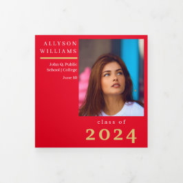 赤エレガント級写真卒業 三つ折り案内状