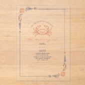 赤エレガント素朴と青のビーチ結婚式カニ アクリル招待状 (正面)