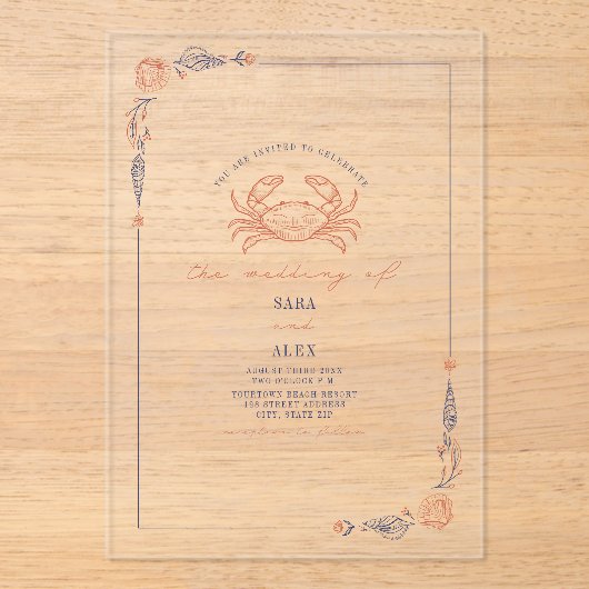 赤エレガント素朴と青のビーチ結婚式カニ アクリル招待状 (正面)