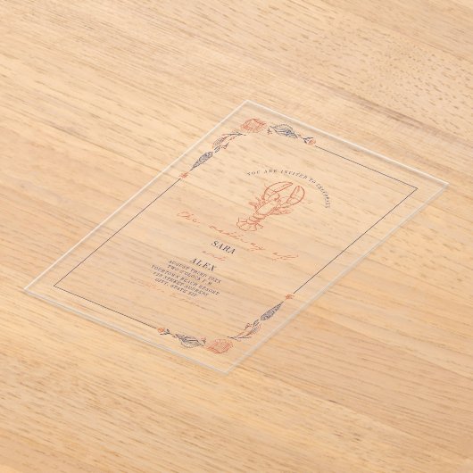 赤エレガント素朴と青のビーチ結婚式ロブスターイン アクリル招待状 (レイダウン)