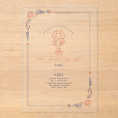 赤エレガント素朴と青のビーチ結婚式ロブスターイン アクリル招待状 (正面)