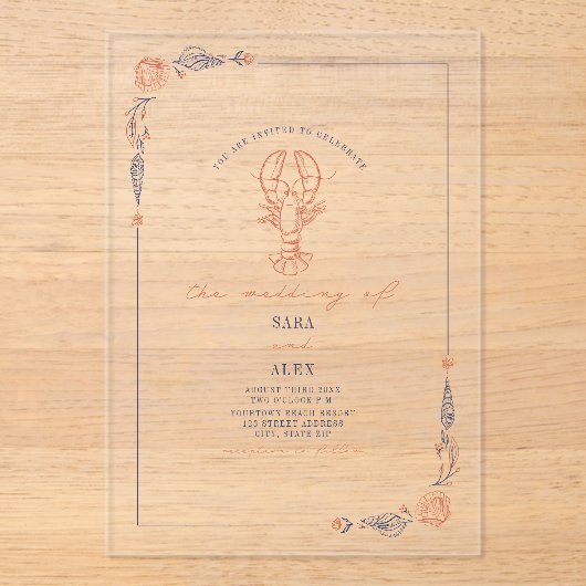 赤エレガント素朴と青のビーチ結婚式ロブスターイン アクリル招待状 (正面)