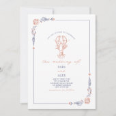 赤エレガント素朴と青のビーチ結婚式ロブスター 招待状 (正面)