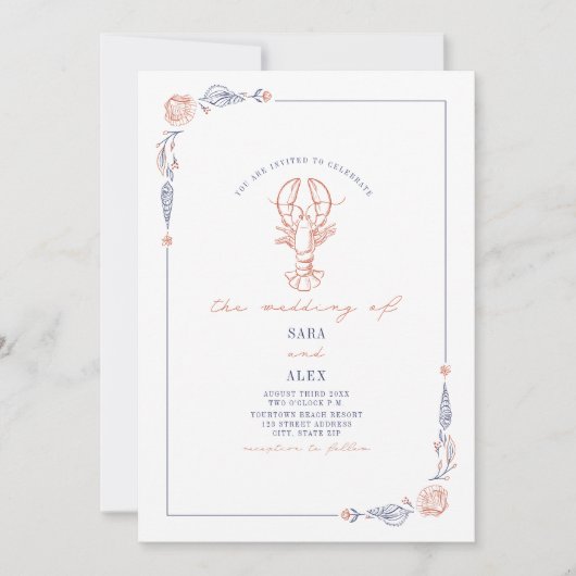 赤エレガント素朴と青のビーチ結婚式ロブスター 招待状 (正面)