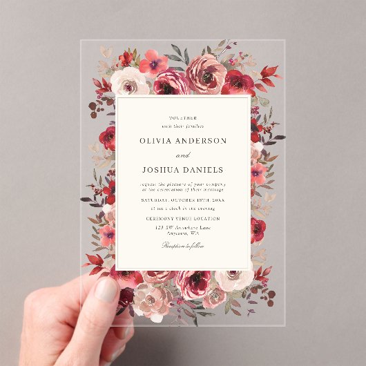 赤エレガント素朴フローラ秋の結婚式 アクリル招待状 (インサイチュ (ポータブル))