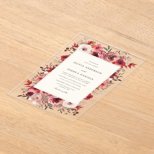 赤エレガント素朴フローラ秋の結婚式 アクリル招待状 (レイダウン)